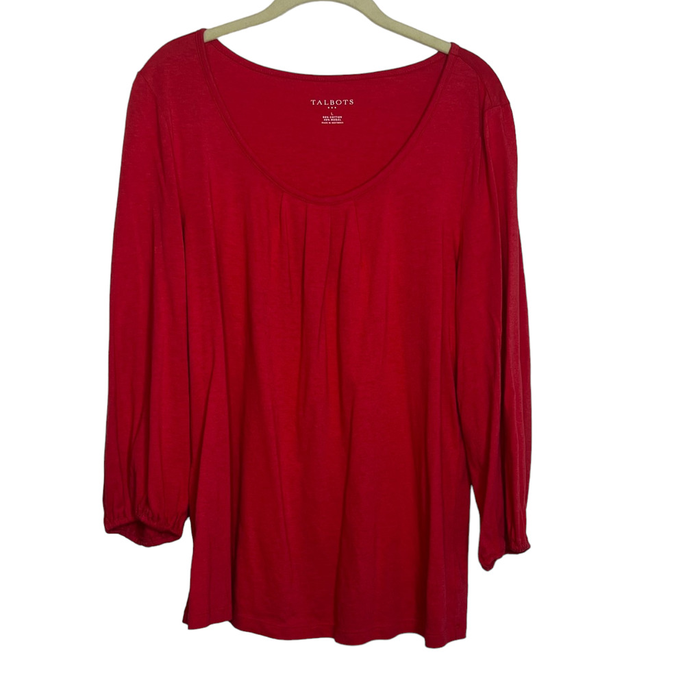 Talbots Outlet Womens Scoop Neck Top Large Orange-Red Cotton Modal 3/4 Sleeves